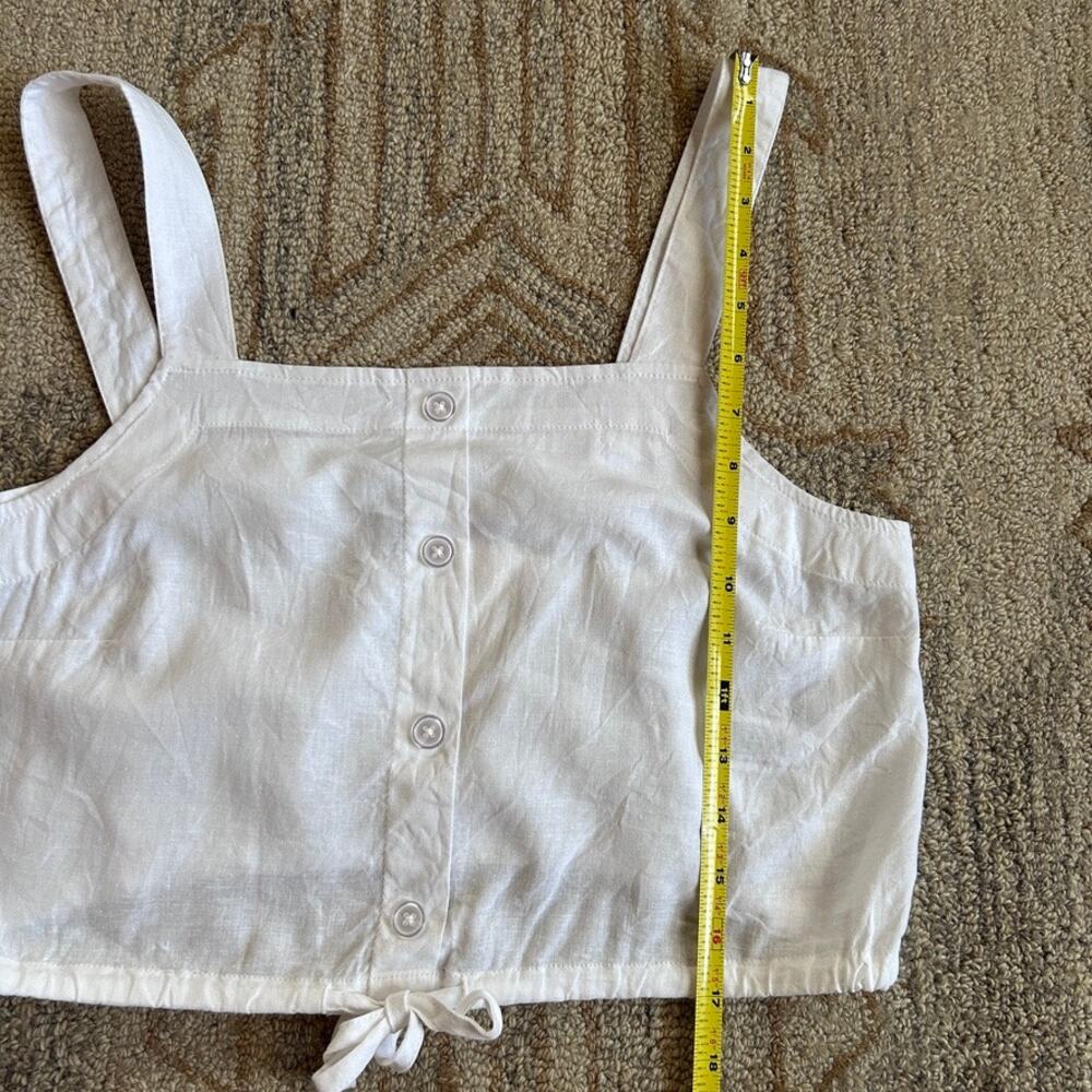 Linen Crop Top Euro Summer Square Neck Peasant Coastal Prairie Tie Hem Women M - Picture 7 of 8